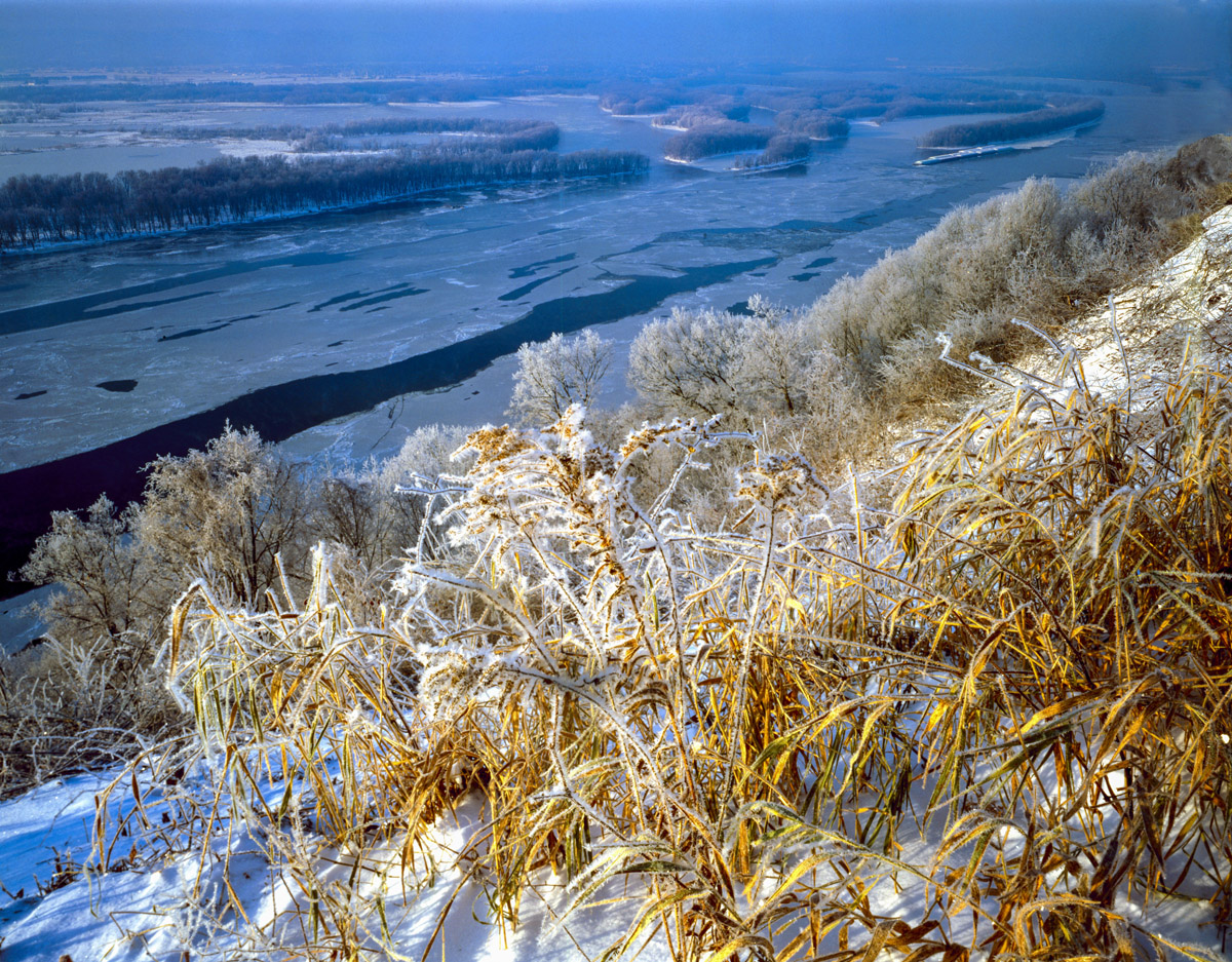 Iced grasses, Mississippi National Wildlife Refuge, Iowa, Pikes Peak State Park photographed by Tom Till